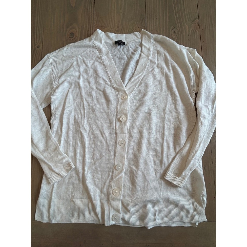 G7 Talbots Petite White Linen Blend V-Neck Button Front Cardigan Sweater MP